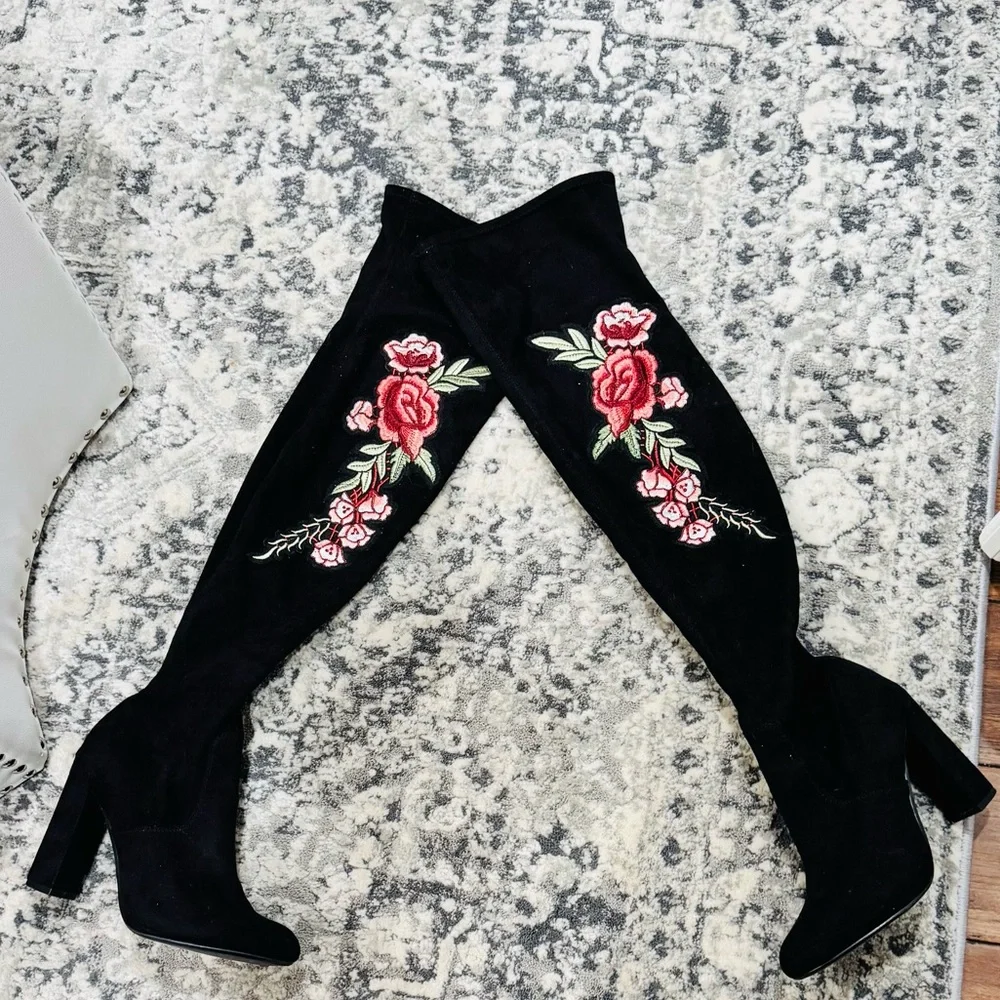 Steve Madden Black Rose Embroidered Over the Knee Faux Suede Boots